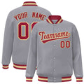 Custom Gray & Crimson & Khaki Striped Trim Satin Full-Snap Varsity Jacket - front view