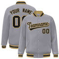 Personalized Gray & Black & Old Gold Striped Trim Satin Full-Snap Varsity Jacket - front view