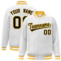 Personalized White & Black & Gold Striped Trim Satin Full-Snap Varsity Jacket - front view