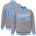 Custom Gray & Powder Blue & White Striped Trim Satin Full-Snap Varsity Jacket - front view