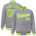 Custom Gray & Neon Green & White Striped Trim Satin Full-Snap Varsity Jacket - front view