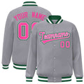 Personalized Gray & Pink & White Striped Trim Satin Full-Snap Varsity Jacket - front view
