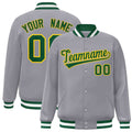 Custom Gray & Green & Gold Striped Trim Satin Full-Snap Varsity Jacket - front view