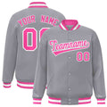Custom Gray & Pink & White Striped Trim Satin Full-Snap Varsity Jacket - front view