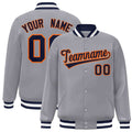 Personalized Gray & Navy & Orange Striped Trim Satin Full-Snap Varsity Jacket - front view