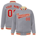 Custom Gray & Red & Khaki Striped Trim Satin Full-Snap Varsity Jacket - front view