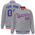 Custom Gray & Royal Blue & White Striped Trim Satin Full-Snap Varsity Jacket - front view