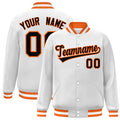 Custom White & Black & Orange Striped Trim Satin Full-Snap Varsity Jacket - front view