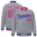 Personalized Gray & Pink & Powder Blue Striped Trim Satin Full-Snap Varsity Jacket - front view
