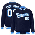 Custom Navy & White & Powder Blue Striped Trim Satin Full-Snap Varsity Jacket - front view
