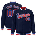 Custom Navy & Red & White Striped Trim Satin Full-Snap Varsity Jacket - front view