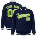 Custom Navy & Neon Green & White Striped Trim Satin Full-Snap Varsity Jacket - front view