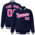 Personalized Navy & Pink & White Striped Trim Satin Full-Snap Varsity Jacket - front view