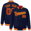 Custom Navy & Red & Gold Striped Trim Satin Full-Snap Varsity Jacket - front view