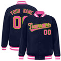 Custom Navy & Pink & Neon Green Striped Trim Satin Full-Snap Varsity Jacket - front view