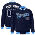 Personalized Navy & White Striped Trim Satin Full-Snap Varsity Jacket - front view