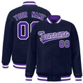 Custom Navy & Purple & White Striped Trim Satin Full-Snap Varsity Jacket - front view
