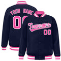 Custom Navy & Pink & White Striped Trim Satin Full-Snap Varsity Jacket - front view
