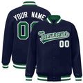 Custom Navy & Green & White Striped Trim Satin Full-Snap Varsity Jacket - front view