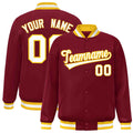 Custom Crimson & White & Gold Striped Trim Satin Full-Snap Varsity Jacket - front view
