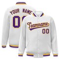 Personalized White & Purple & Gold Striped Trim Satin Full-Snap Varsity Jacket - front view