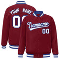 Custom Crimson & White & Royal Blue Striped Trim Satin Full-Snap Varsity Jacket - front view
