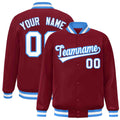 Personalized Crimson & White & Powder Blue Striped Trim Satin Full-Snap Varsity Jacket - front view