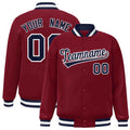 Custom Crimson & Navy & White Striped Trim Satin Full-Snap Varsity Jacket - front view