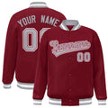 Custom Crimson & Gray Striped Trim Satin Full-Snap Varsity Jacket - front view