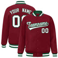 Personalized Crimson & White & Green Striped Trim Satin Full-Snap Varsity Jacket - front view
