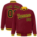 Custom Crimson & Black & Gold Striped Trim Satin Full-Snap Varsity Jacket - front view