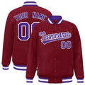 Custom Crimson & Purple & White Striped Trim Satin Full-Snap Varsity Jacket - front view