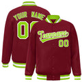 Personalized Crimson & Neon Green & White Striped Trim Satin Full-Snap Varsity Jacket - front view