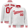 Custom White & Red Striped Trim Satin Full-Snap Varsity Jacket - front view