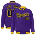 Custom Purple & Black & Gold Striped Trim Satin Full-Snap Varsity Jacket - front view