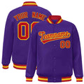 Custom Purple & Red & Gold Striped Trim Satin Full-Snap Varsity Jacket - front view