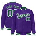 Personalized Purple & Green & White Striped Trim Satin Full-Snap Varsity Jacket - front view