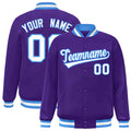 Custom Purple & White & Powder Blue Striped Trim Satin Full-Snap Varsity Jacket - front view