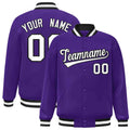 Personalized Purple & White & Black Striped Trim Satin Full-Snap Varsity Jacket - front view