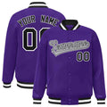 Custom Purple & Gray & Black Striped Trim Satin Full-Snap Varsity Jacket - front view