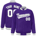 Custom Purple & White & Gray Striped Trim Satin Full-Snap Varsity Jacket - front view