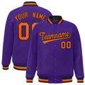 Personalized Purple & Orange & Black Striped Trim Satin Full-Snap Varsity Jacket - front view