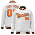 Custom White & Orange & Black Striped Trim Satin Full-Snap Varsity Jacket - front view