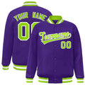 Custom Purple & Neon Green & White Striped Trim Satin Full-Snap Varsity Jacket - front view