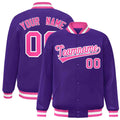Personalized Purple & Pink & White Striped Trim Satin Full-Snap Varsity Jacket - front view