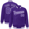 Custom Purple & White Striped Trim Satin Full-Snap Varsity Jacket - front view