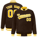 Custom Brown & Gold & White Striped Trim Satin Full-Snap Varsity Jacket - front view