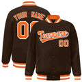 Personalized Brown & Orange & White Striped Trim Satin Full-Snap Varsity Jacket - front view