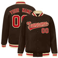 Custom Brown & Red & Khaki Striped Trim Satin Full-Snap Varsity Jacket - front view