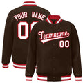 Custom Brown & White & Red Striped Trim Satin Full-Snap Varsity Jacket - front view